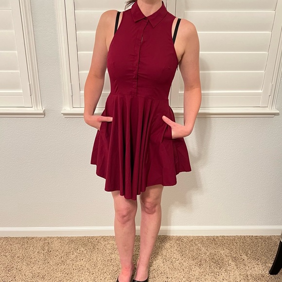 Express Fit and Flare Sleeveless Collared Dress | Color: Burgundy - Picture 10 of 11